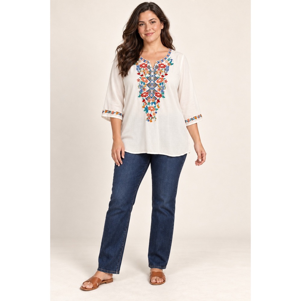 C&C California Floral Embroidered Boho Blouse White Rayon Top Cottagecore XL